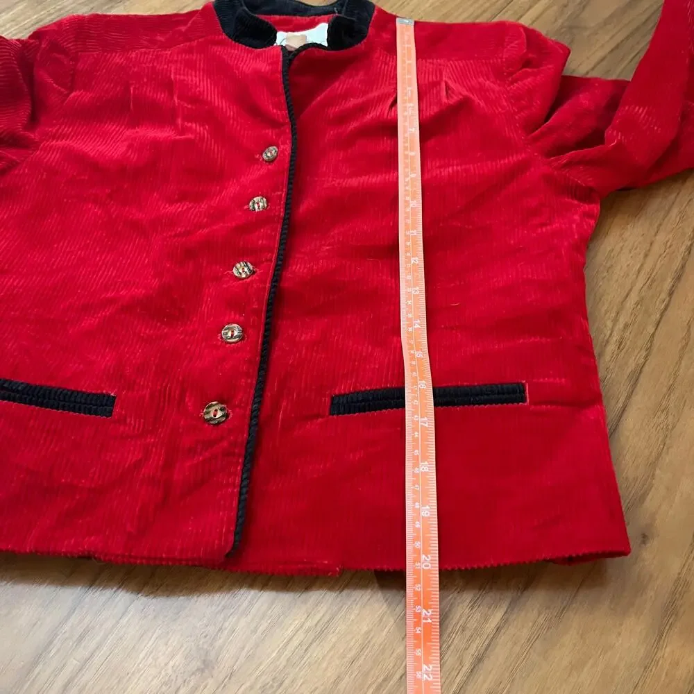 Lanz Original Vintage Blazer Size S Red Corduroy Black Trim Lined Jacket